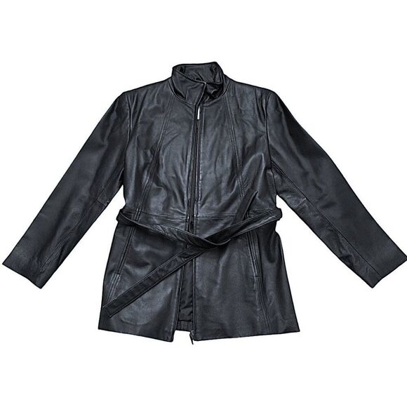 Worthington Women's Black Leather Jacket Belt Long Sleeves Front Zipper Medium - Picture 1 of 8